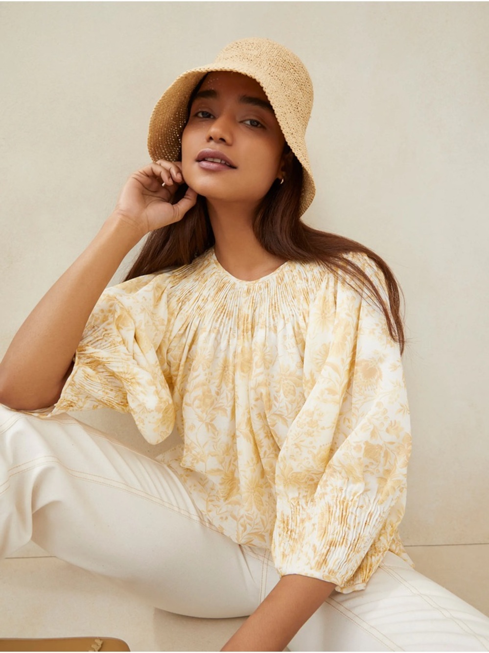 Loeffler Randall Butter Yellow Floral Smocked Peasant Blouse Cotton/Silk